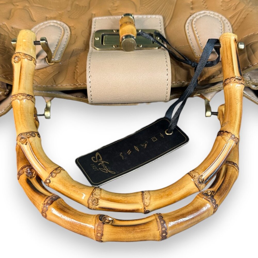 Sharif Legacy Hieroglyphic Egyptian Leather Satchel with Bamboo Handles - New - Picture 16 of 16